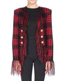 Balmain Tartan Tweed Jacket with Fringe at Neiman Marcus