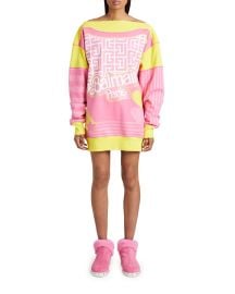 Balmain x Barbie Monogram-Print Colorblock Mini Sweatshirt Dress at Neiman Marcus