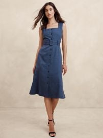 Banana Republic Linen Blend Button Midi Dress in cross blue herringbone at Banana Republic