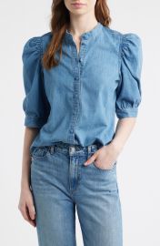 Band Collar Puff Sleeve Denim Button-Up Shirt at Nordstrom