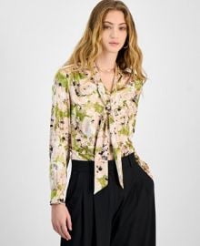 Bar III Womens Floral Tie-Neck Blouse Exclusively at Macys - Macys at Macys