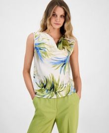 Bar III Womens Palm Print Satin Cowl Neck Blouse - Macys at Macys