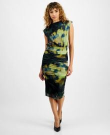 Bar III Womens Printed Mesh Blouson Ruched-Skirt Midi Dress Created for Macys - Macys at Macys