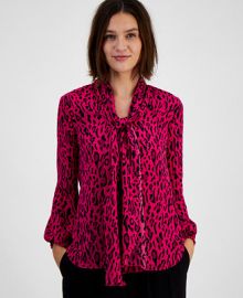 Bar III Womens Printed Tie-Neck Long-Sleeve Top Created for Macys - Macys at Macys