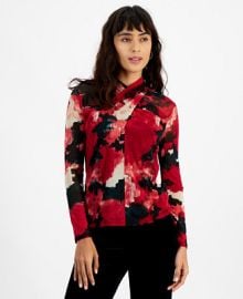 Bar III Womens Printed Twist-Neck Long-Sleeve Mesh Top Created for Macys - Macys at Macys