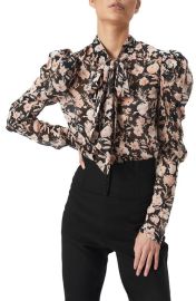 Bardot Amielie Floral Puff Sleeve Tie Neck Blouse at Nordstrom