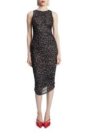 Bardot Felicia Polka Dot Ruched Mesh Midi Dress at Nordstrom