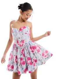 Bardot bandeau corset mini dress in blue and pink floral at ASOS