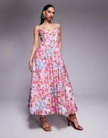 Bardot corset midi dress in pink floral at ASOS