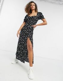 Bardot puff sleeve midi dress with thigh split in abstract spot at ASOS