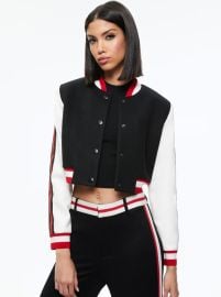 Barton Cropped Vegan Leather Varsity Jacket In Blackwhite Alice And Olivia at Alice and Olivia