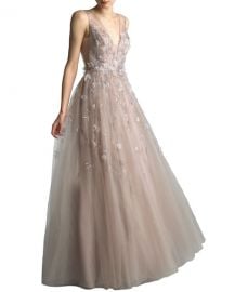 Basix Beaded V-Neck Sleeveless A-Line Gown with 3D Floral Applique at Neiman Marcus