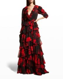 Basix Floral-Print Ruffle-Tiered A-Line Gown at Neiman Marcus