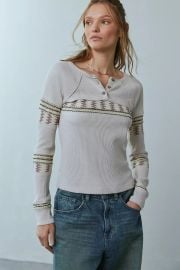 Bdg Josie Embroidered Thermal Long Sleeve Henley Tee at Urban Outfitters