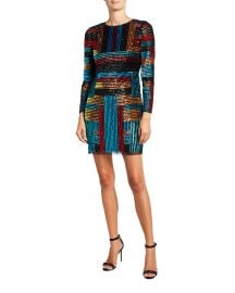 Beaded Multi-Stripe Long-Sleeve Mini Sheath Dress at Neiman Marcus