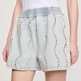 Beaded and rhinestone denim shorts at Sandro