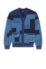 Beams Plus Cardigan Indigo Patchwork Like Jacquard in Indigo FWRD at FWRD
