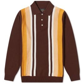 Beams Plus Stripe Knitted Polo Brown END US at End Clothing