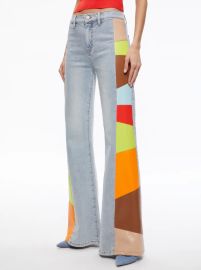 Beautiful Vegan Leather Patchwork Flare Jean In Rockstar Blue Multi Alice Olivia at Alice + Olivia