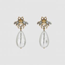 Bee earrings with drop pearls at Gucci