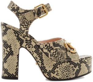 Beige Brown Python Horsebit Heeled Sandals by Gucci at Ssense