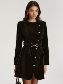 Belted Asymmetric Button Velvet Long Blazer COMMENSE at Commense