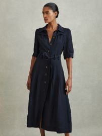 Belted Cap Sleeve Midi Dress With Linen in Navy REISS USA at Reiss