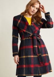 Belted Plaid Coat with Wide Collar at ModCloth