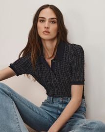 Benedetta Plaid Polo Shirt in Navy amp White Multi at Veronica Beard