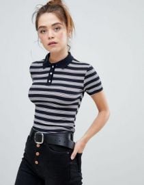 Bershka Button front collar striped ribbed t shirt   ASOS at Asos