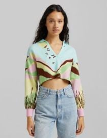 Bershka collar detail retro graphic sweater in multi at ASOS