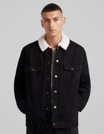 Bershka denim trucker jacket with sherpa collar in black at ASOS