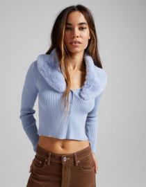 Bershka fur collar detail cardigan in blue at ASOS