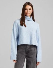 Bershka roll neck cropped sweater in blue at ASOS