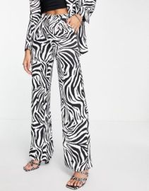 Bershka satin wide leg pants in zebra print at ASOS