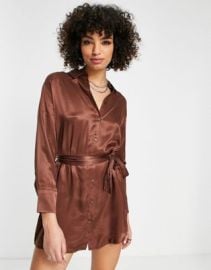 Bershka tie up satin shirt dress in chocolate at ASOS