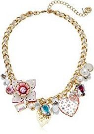 Betsey Johnson Leather Flower Multi-Charm Necklace  15 quot    4 quot  Extender at Amazon