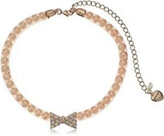 Betsey Johnson Pave Bow  amp  Pearl Pink Mesh Choker Necklace  12 5 quot    5 quot  Extender at Amazon