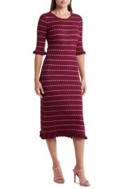 Betsey Johnson Striped Ruffle Trim Sweater Dress in Raspberry Radiance at Nordstrom Rack