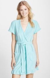 Betsey Johnson Vintage Ruffle Trim Terry Robe in Aqua at Nordstrom