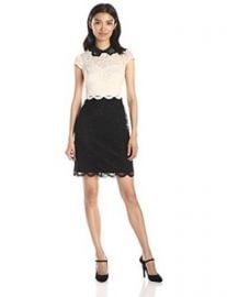 Betsey Johnson Womenand39s Cap Sleeve Two Tone Lace Sheath Dress at Amazon