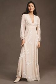 Bhldn Belize Embroidered A Line Long Sleeve V Neck Gown at Anthropologie
