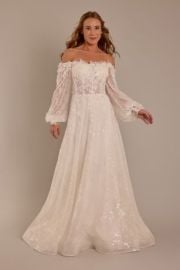 Billowy Long Sleeve Off-the-Shoulder Wedding Dress Davidx27s Bridal at Davids Bridal