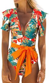 Binlowis Deep V Neck Flounce One Piece Swimsuit Ladies Floral Print Plunging Beachwear Bathing Suit at  Womens Clothing store at Amazon