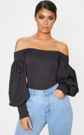 Black Bardot Balloon Sleeve Corset Top at Pretty Little Thing