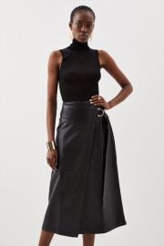 Black Faux Leather Tie Detail Wrap Midi Skirt USA at Karen Millen