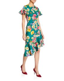 Black Halo Breelle Floral-Print Flutter-Sleeve Asymmetric Flounce Dress at Neiman Marcus