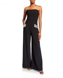 Black Halo Carmine Strapless Wide-Leg Jumpsuit w  Leopard Pockets at Neiman Marcus