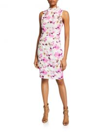 Black Halo Corrine Floral-Print Mock-Neck Sleeveless Sheath Dress at Neiman Marcus