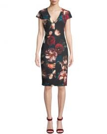 Black Halo Greyson Floral-Print Short-Sleeve Sheath Dress at Neiman Marcus